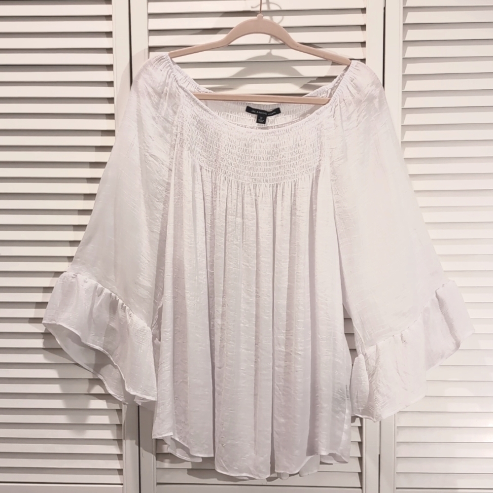 Zac & Rachel Woman 2X White Peasant Blouse w Elastic Shirred Neckline 3/4 Sleeve